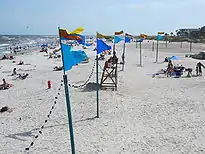 Blue, red, and yellow flags raised on poles are lined up in the sand on a beach. The flags are connected with light strings. The ocean and people are visible beneath the flags in the background.