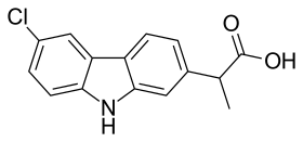 Two-dimensional monochrome diagram showing the structure of the molecule of Carprofen, uing the hexagonal style to depict a chemical compound.