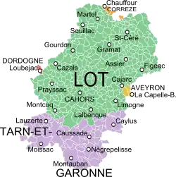 Map of the old province of Quercy, France, showing the communes according to the current administrative division.