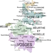 Map of the Duchy of Lorraine (1756), showing its somewhat dispersed communes by region of France and Germany, for the latter the English and German term for the region is Saarland.