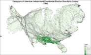 Cartogram of American Independent presidential election results by county