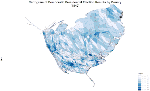 Cartogram of Democratic presidential election results by county