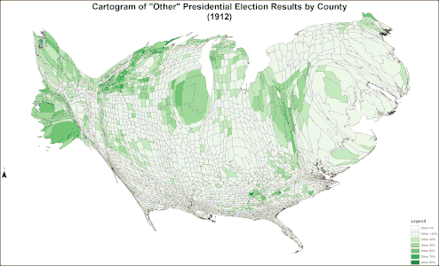 Cartogram shaded according to percentage of the vote for all others