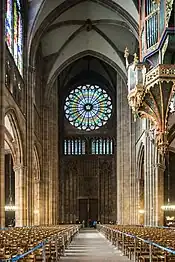 The narthex of the cathedral and massive pillars supporting the tower, seen from the central nave