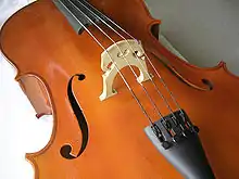 Looking down on the top of a small wooden boat-like shape. Four metal strings run along the middle of the shape down its long axis. The strings pass over a small raised wooden bridge positioned in the centre of the shape so that the strings sit above the deck of the cello.