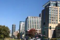 Skyline of the Central West end as seen from Forest Park.  The building on the far left is One Hundred Above the Park and the buildings on the right are a part of the Barnes-Jewish Hospital complex.