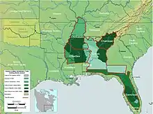 Map of the southern United States showing in dark green areas ceded by Indians.Clark & Guice 1996, pp. 233–243; Mahon 1962, pp. 350–354.