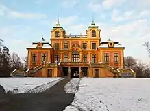 South facade of Schloss Favorite, January 2013. On each of the four pillars on the ground floor is a personification of the classical elements.