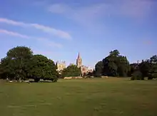 View from the meadow, looking across the Merton Field sports fields towards Christ Church Cathedral.