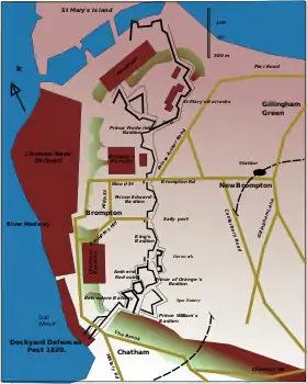 How the military presence developed after 1820, showing how the need for housing gave birth to New Brompton, and showing roads and railways.