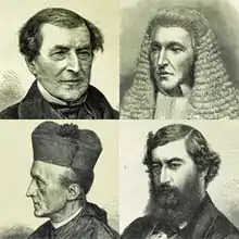 Four men, the second of whom wears a wig resembling that of a judge, and the fourth of whom wears clerical clothes