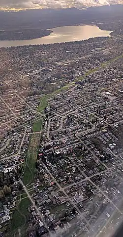 The Chief Sealth Trail in Seattle, along the Seattle City Light transmission right of way – the green strip in this aerial view