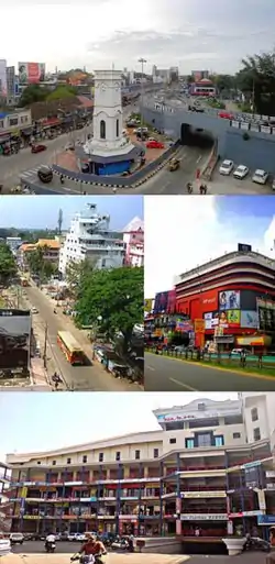 From top clockwise: Clock Tower, RP Mall, Bishop Jerome Nagar, Residency Road