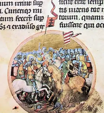 Chronicon Pictum, Hungarian, Hungary, Battle of Mogyoród, King Solomon, Prince Géza, Saint Ladislaus, battle, fight, knights, white horse, double cross, Hungarian coat of arms, Árpád stripes, medieval, chronicle, book, illumination, illustration, history