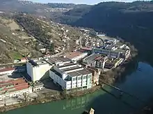 Former Rhodia textile industry on the banks of the Doubs as seen from the Citadel of Besançon