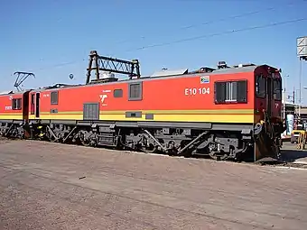 No. 10-104 in Transnet Freight Rail livery, inscribed "E10 104", Beaconsfield, Kimberley, 24 May 2013