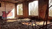 A gutted and burnt room in the "Memorial Hall" building