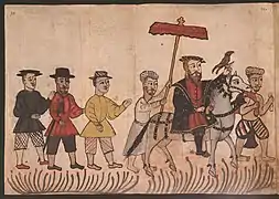 16th century Portuguese illustration from the Códice Casanatense, depicting a Portuguese nobleman with his retinue in India