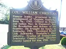 Historical marker for Col. William Christian