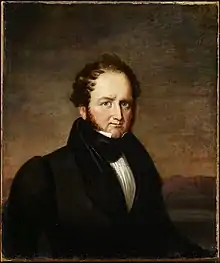 head and shoulders painting of light-skinned man, with reddish-brown hair, high forehead and sideburns, wearing mid-19th century black suit and neckcloth