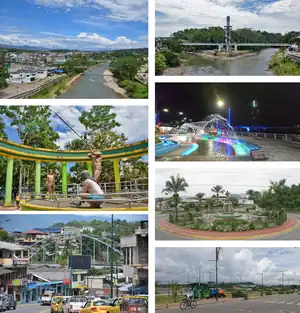 From top, left to right: View of the city center and the Tena River, cable-stayed bridge of the Amazon Park The Island, night view of the Boardwalk, monument to the Quichua ethnic group, monument to Jumandy, November 15 avenue and Tena Park.