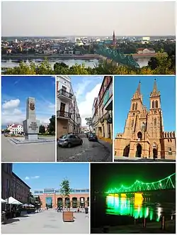 Collage of views of Włocławek. Top: View of Old Town, Middle left: The monument on the Liberty Square, Center: Przechodnia Street, Middle right: Cathedral, Bottom left: Shopping center Wzorcownia in faience factory, Bottom right: The Bridge of Marshal Edward Rydz-Śmigły