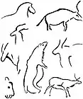 Primitive painted outlines of animals from the cavern walls, attributed by Breuil to the early Aurignacian. The outlines represent the horse, ibex, cave bear, wild cattle, and reindeer. After Breuil.