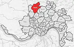 College Hill (red) within Cincinnati, Ohio