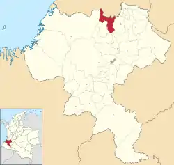 Location of the municipality and town of Buenos Aires, Cauca in the Cauca Department of Colombia.