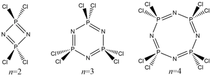 The three major cyclophosphazene products resulting from the reaction of phosphorus pentachloride and ammonium chloride