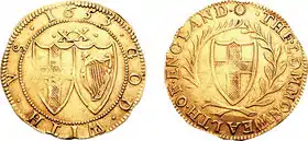 Photo of a 1653 gold Unite coin