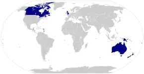 A world map with the Commonwealth realms highlighted. The realms are predominantly located in North America and Oceania.