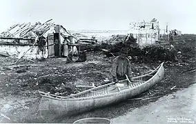 Innu building a birch bark canoe, Mi'kmaq camp, Matapedia (?), QC (?), Alexander Henderson, circa 1870