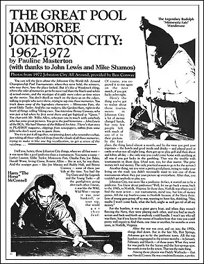 "First page of article "The Great Pool Jamboree: Johnston City 1962-1972" by Pauline Masterton, showing typical page appearance, with plain type and black-and-white images in a two-column layout.