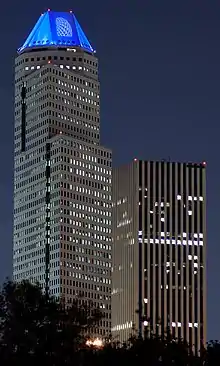 The KBR Tower at night, with the Continental Center I