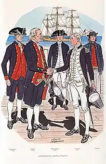 Image 21The official Navy officer uniform of 1776 had red lapels and a red waistcoat. The unofficial uniform of 1777, worn by many officers, had white lapels and a white waistcoat, and in addition non-regulation epaulets. From left to right: Lieutenant, Captain (with irregular red buttonhole on the collar), Midshipman, "Commodore" John Paul Jones (with two epaulets). (from Continental Navy)