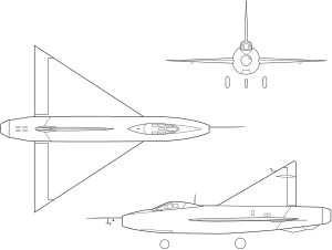 Orthographically projected diagram of the XF-92A.