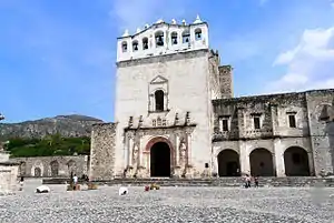 Convent in Metztitlán, Mexico, with a bell-gable on top.