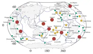 Map detailing locations of hotspots in the Earth's mantle.