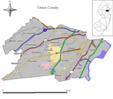 Location of Cranford in Union County highlighted in yellow (left). Inset map: Location of Union County in New Jersey highlighted in black (right).