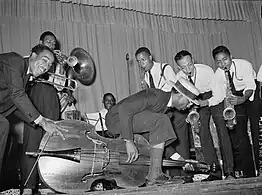 A hot orchestra performs specialty number in Crowley, 1938