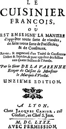 The title page of a 1680 edition of Le cuisinier françois.