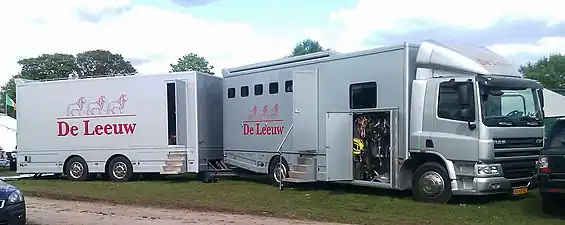 A large DAF horsebox towing a trailer for carriages.  Taken at the Royal Windsor Horse Show, 2011.