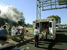 An injured victim being loaded into an ambulance at the Pentagon