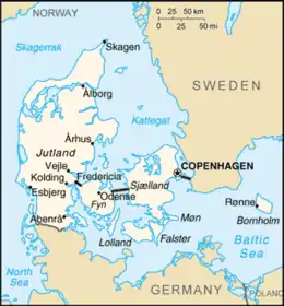 A labelled map of Denmark