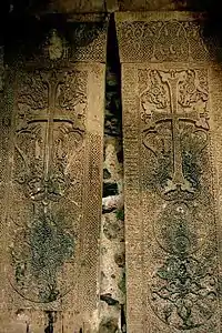 Armenian-inscribed double khachkars of the Memorial Bell-Tower of the Dadivank Monastery