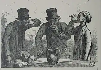 Honoré Daumier, The Drinkers, 1862; from Monde Illustré, 25 October 1862, under the title Physiologie du buveur, les quatre ages ("Psychology of drinkers, the four ages")