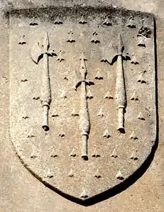 1849 sculpted escutcheon of arms of Denys of Holcombe Burnell & Bicton on the new Livery Dole Almshouses.