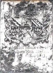 Stone tablet dedicated to Sir Robert Dennis, with Denys arms and quarterings above