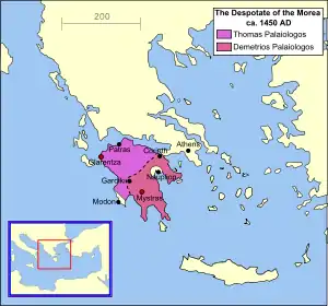 The Despotate of the Morea in 1450, divided between the two brothers, Thomas and Demetrios Palaiologos